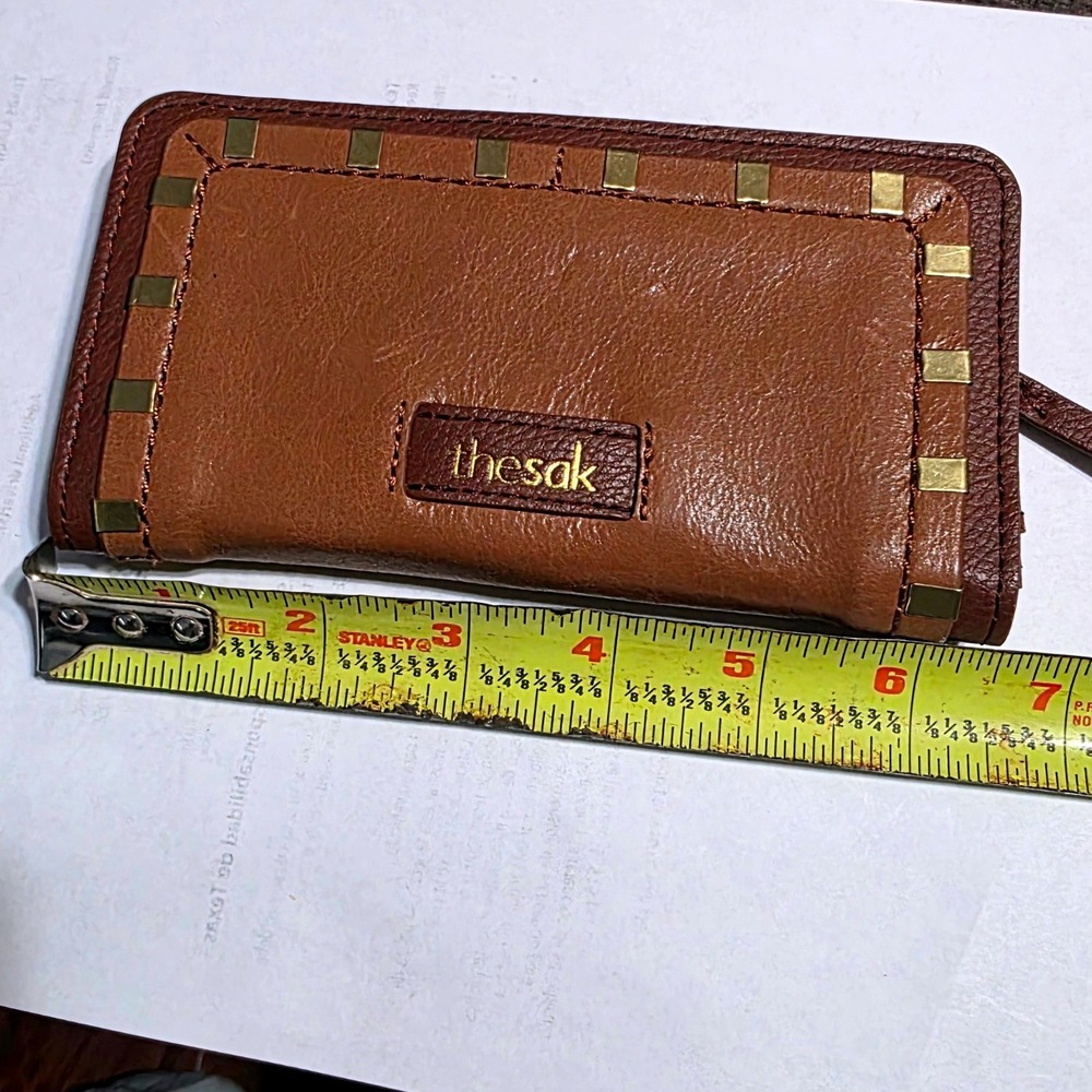 The Sak Iris Large Slim Bifold Wallet Brown Leather Gold Studded Cognac Two-Tone - Picture 6 of 7